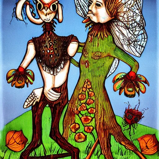 Prompt: folk horror art style of giant insect marriage. party