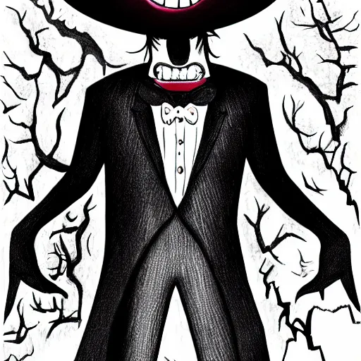 Image similar to a Pop Wonder scary horror themed goofy-hilarious-character babadook-wearing a scarf, 3-piece-suit, dime-store-comic drawn with charcoal and pen and ink, half-tone-line-stacking