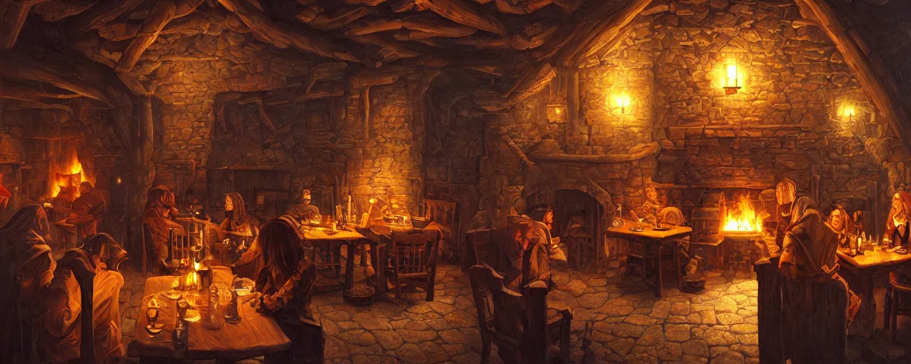 Prompt: Medieval tavern with cozy interior and roaring fireplace, art by michael whelan, warm colors, firelight, oil painting, fantasy art, trending on artstation