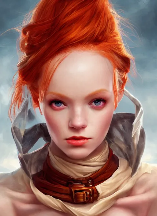 Image similar to Beautiful redhead girl which chest wrapped in bandages, portrait, fantasy, medieval, vivid colors, fantasy, elegant, concept art, sharp focus, beautiful face, digital art, Hyper-realistic, 4K, Unreal Engine, Highly Detailed, HD, Dramatic Lighting by Brom, trending on Artstation