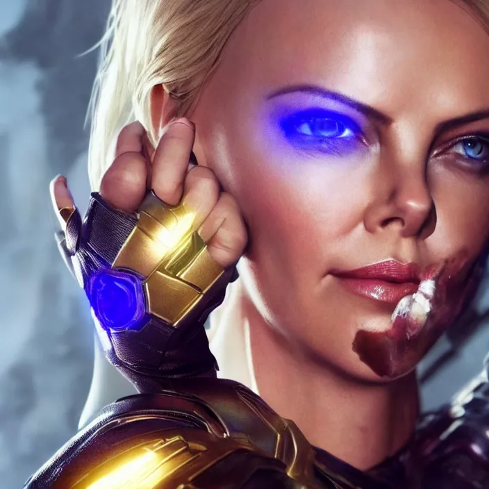 Image similar to portrait of Charlize Theron, wearing The Infinity Gauntlet. intricate artwork. octane render, trending on artstation, very coherent symmetrical artwork. avengers. thanos. cinematic, hyper realism, high detail, octane render, 8k, iridescent accents