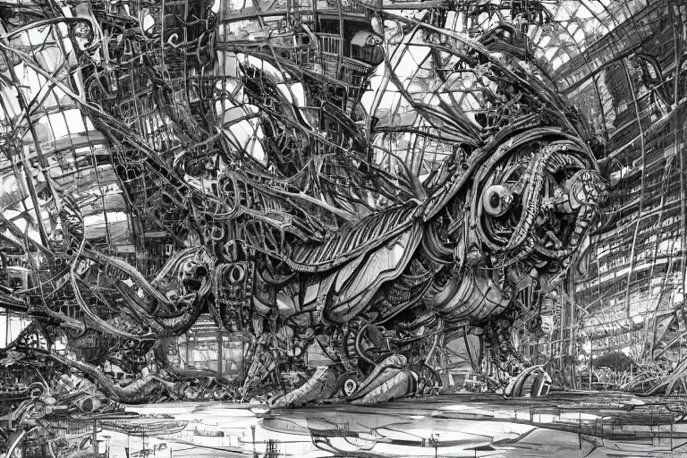 Prompt: dieselpunk huge robotic dragonfly, inside an gigantic underground concrete doom hangar, interior structure, drains, storm drains, jungle, vines, algea, cables, panels, walls, ceiling, floor, doors, brutalist architecture, intricate ink drawing, highly detailed in the style of Ashley Wood, moebius and Tsutomu Nihei, photorealistic, cinematic, intricate detail, well lit,