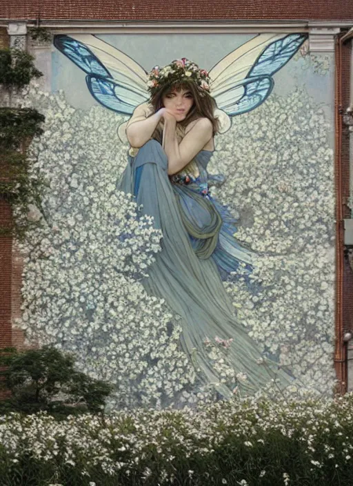 Image similar to a huge outdoor wall mural taking up the entire side of a building. it shows a fairy sitting in a field of white flowers. they are both wearing flower crowns. stunning wall mural painting by by artgerm and greg rutkowski and alphonse mucha