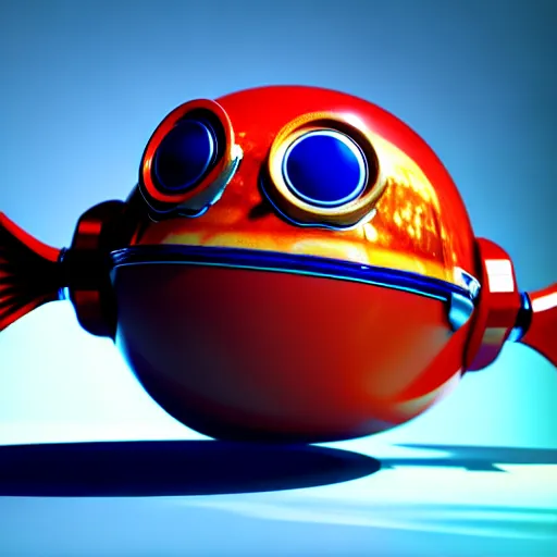 Image similar to robot bowl fish with a fish inside of it, photorealistic 3 d render, unreal engine