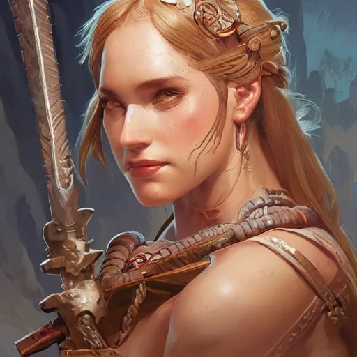 Image similar to Female barbarian closeup, D&D, fantasy, intricate, elegant, highly detailed, digital painting, trending on artstation, concept art, illustration, art by Artgerm and Greg Rutkowski and Alphonse Mucha