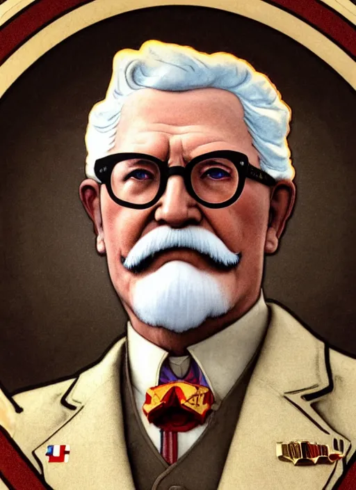 Prompt: close up portrait of colonel sanders, decorated civil war veteran, many medals by artgerm, cushart krenz, greg rutkowski, mucha. art nouveau. gloomhaven, golden arches logo, pale colors, sharp edges. ultra clear detailed. 8 k. elegant, intricate, octane render