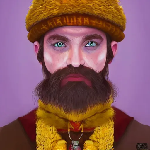 Prompt: A professional digital portrait painting of a D&D druid, painted in the style of Wes Anderson, 4k, digital art, trending on cgsociety, highly detailed, upper body shot, shallow depth of field, purple and yellow lighting, professional lighting, airbrush,