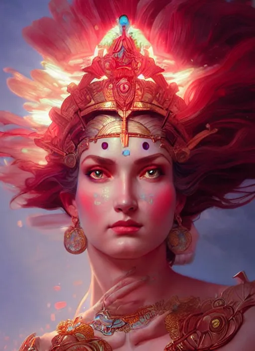 Image similar to the goddess hera looking angry, paper armour, volumetric lights, red and cyan theme, cute, intricate, elegant, highly detailed, digital painting, artstation, concept art, smooth, sharp focus, symmetric face, illustration, art by artgerm and greg rutkowski and alphonse mucha