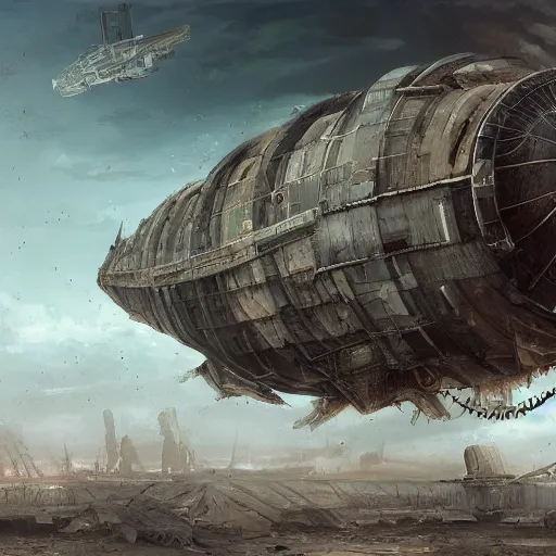 Image similar to a brutalist painting of a large steampunk airship on the ground destroyed, by charlie bowater, 4 k