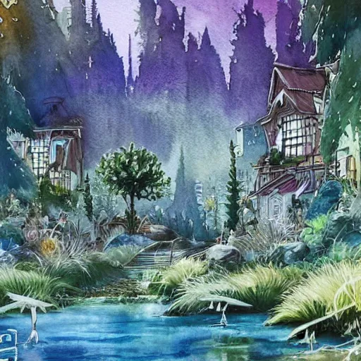 Image similar to Beautiful happy picturesque charming sci-fi town in harmony with nature. Beautiful light. Water and plants. Nice colour scheme, soft warm colour. Beautiful detailed artistic watercolor by Lurid. (2022)