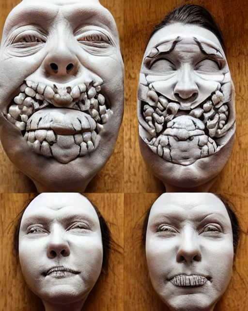 Image similar to strange faces carved into bone, realistic, detailed, intricate, trending on artstation