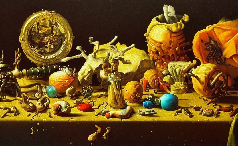 Image similar to disturbing colorful oil painting dutch golden age vanitas still life with bizarre objects strange gooey surfaces shiny metal bizarre insects rachel ruysch dali todd schorr very detailed perfect composition rule of thirds masterpiece canon 5 0 mm, cinematic lighting, photography, retro, film, kodachrome