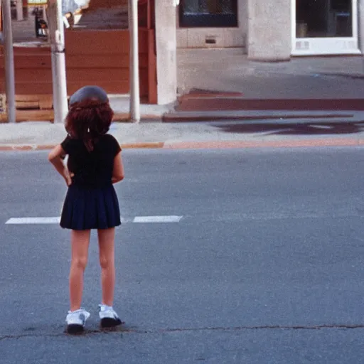 Prompt: 1 9 8 0 s girl standing in a wide open street