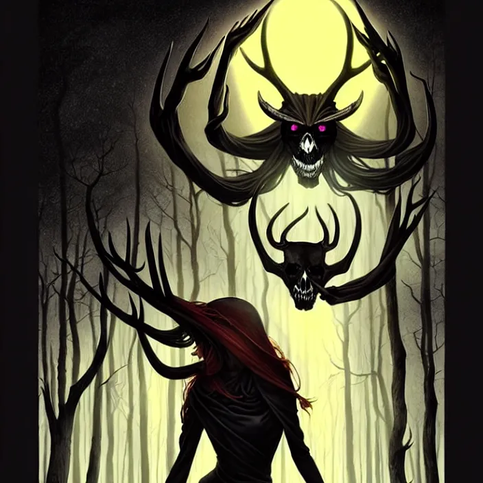 Prompt: style artgerm, joshua middleton, rafael albuquerque, gerald brom : : scary wendigo with antlers and skull face mixed with werewolf : : [ [ beautiful female witch wearing a black dress, yellow eyes, symmetrical face, on the right side ] ] : : in the forest, detailed, dark and foggy, cinematic lighting