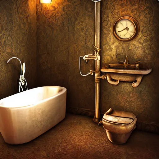 Prompt: steampunk tiny bathroom in the warm morning light, soap, bubbles, perfumes, beautifully lit, painting, high resolution, trending on artstation