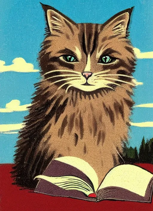 Image similar to an extreme close - up portrait of a cute fluffy cat reading in a scenic representation of mother nature and the meaning of life by billy childish, thick visible brush strokes, shadowy landscape painting in the background by beal gifford, vintage postcard illustration, minimalist cover art by mitchell hooks