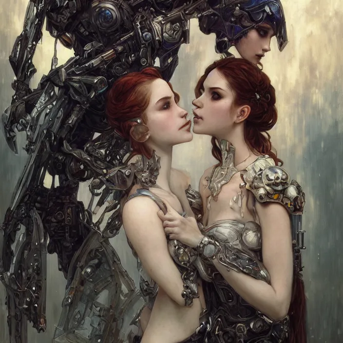 Image similar to portrait of two beautiful pale gothic cyborg maidens kissing, warhammer 40000, cyberpunk, intricate, elegant, highly detailed, digital painting, artstation, concept art, smooth, sharp focus, illustration, art by artgerm and greg rutkowski and alphonse mucha and Gustav Klimt