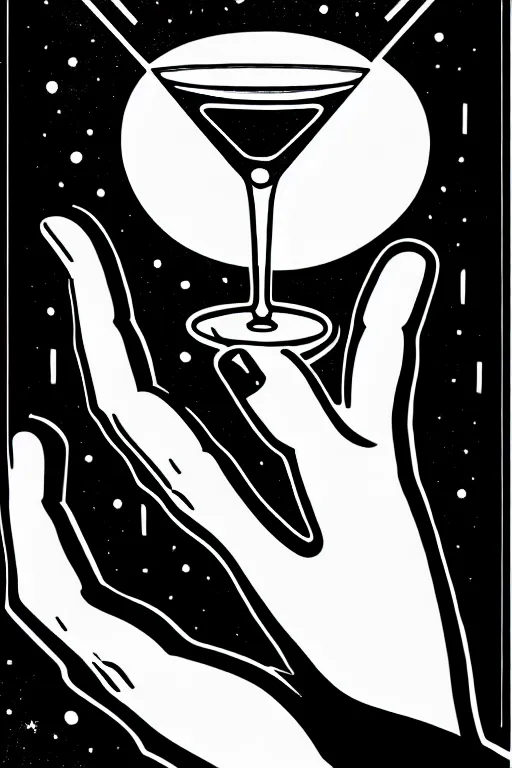 Image similar to an old mans hand holding a martini, bold line art, by vincent di fate inking, etching, screen print, masterpiece, sharp, high contrast, hyper - detailed, hd, 4 k, 8 k