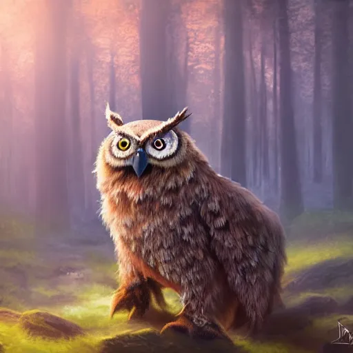 Prompt: three quarter portrait of an owlbear in the forest, d & d, fantasy, miro petrov,