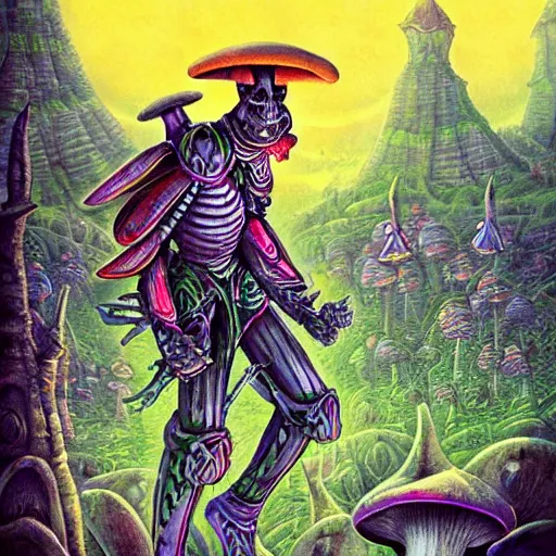 Image similar to 4 k headshot portrait of a psychedelic demonic anthropomorphic insect knight with mushroom themed clothes, magic mushroom village in background by jeff easley, award winning, stylized neon, post - processing, masterpiece, superb resolution. in the art style of junji ito and greg rutkowski. detailed mushroom city in background. hyper realistic anime. perfect art. dalle 2