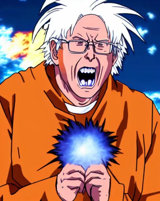 Prompt: bernie sanders as goku in dragonball z, going super saiyan and screaming during filibuster speech