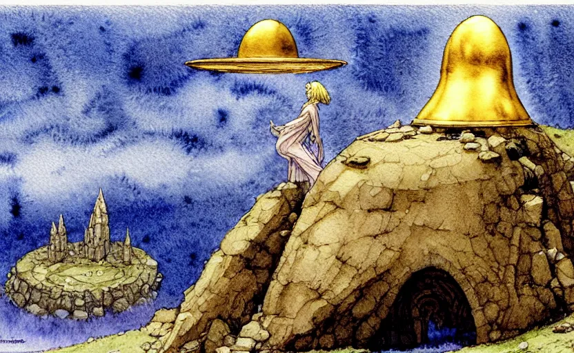 Image similar to a realistic and atmospheric watercolour fantasy concept art of a golden ufo landing on top of a megalithic ruin. female medieval monk in grey robes kneeling with her hands by her sides. by rebecca guay, michael kaluta, charles vess and jean moebius giraud