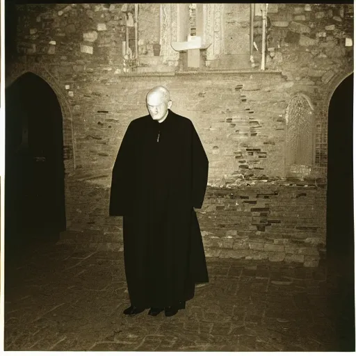 Image similar to award - winning photograph of john paul ii standing in the entrance to a small burning church building, at night, pitch black, christian cross