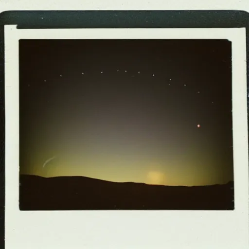 Image similar to a ufo flying over a the desert at night, distant!!, historical photo, old polaroid, expired film,