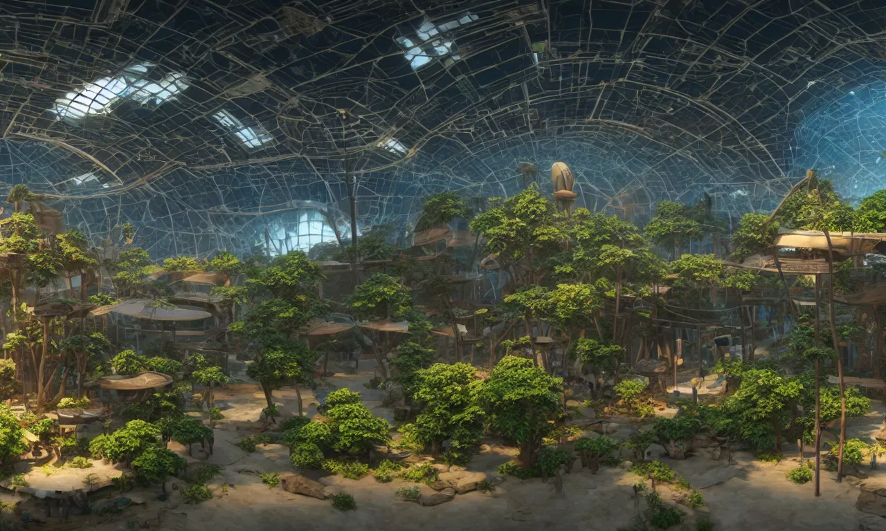 Prompt: an exhibition hall with big solarpunk diorama with reflective metal engine, fused into epoxide, high detail, raytracing, back light, raymarching, new movie from digital domain and weta digital, strong ambient occlusion