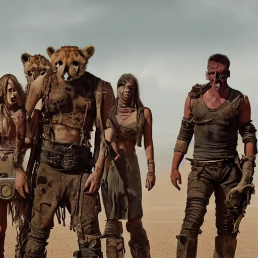 Image similar to a film still from the movie mad max fury road of the anthropomorphic anthro cheetah raiders wearing scavenger clothes standing in the post apocalyptic wasteland