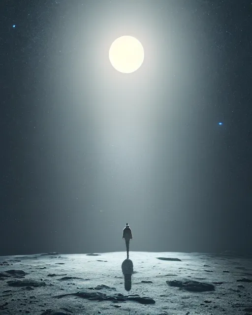 Image similar to a person standing in front of a glowy open door that's on a barren moon, poster art by mike winkelmann, trending on cg society, space art, sci - fi, ue 5, futuristic, volumetric lighting, light casting onto the ground, neat composition and camera angle