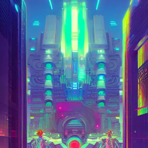 Image similar to street view of a cybernetic temple, vaporwave aesthetic, colorful, psychedelic, digital painting, artstation, concept art, smooth, sharp focus, illustration, art by artgerm and greg rutkowski and alphonse mucha