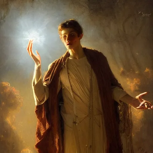 Image similar to a handsome slender young man with wavy brown hair summons a ball of light into his hand. dramatic. cinematic. holy. saintly. demigod. lord of light. gaston bussiere. geoffroy thoorens