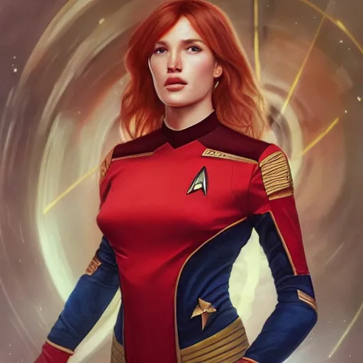 Prompt: ultra realistic illustration, bella thorne as captain wearing star trek red uniform, intricate, elegant, highly detailed, digital painting, artstation, concept art, smooth, sharp focus, illustration, art by artgerm and greg rutkowski and alphonse mucha