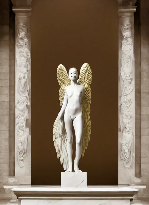 Image similar to a statue made of white marble with gold veins, of an beautiful gorgeous angel girl, full body shot, perfect symmetrical body, perfect symmetrical face, no eyes, hyper realistic, hyper detailed, fujicolor superia 1 6 0 0 photo, by johannen voss, by peter kemp, by monia merlo, by michelangelo octane render, blender, 8 k