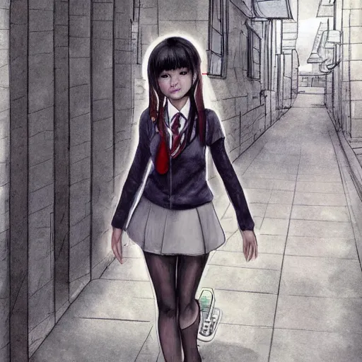 Image similar to a perfect, realistic professional digital sketch of a Japanese schoolgirl posing in a sci-fi alleyway, style of Marvel, full length, by pen and watercolor, by a professional American senior artist on ArtStation, a high-quality hollywood-style sketch, on high-quality paper