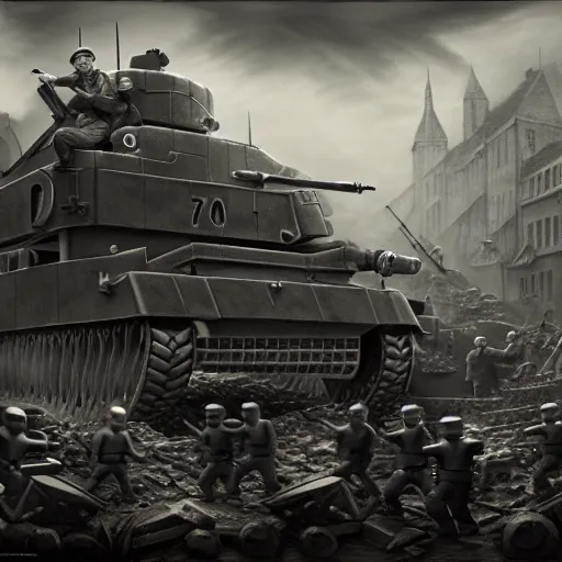 Image similar to the WW2 in roblox, photo from 1940s, very detailed, fantasy, dramatic, intricate, elegant, highly detailed, digital painting, artstation, concept art, smooth, sharp focus, illustration, art by Gustave Dore, octane render