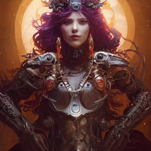 Image similar to beautiful female evil cyborg druid android queen, ultra realistic, concept art, intricate details, serious, highly detailed, photorealistic, octane render, 8 k, unreal engine, art by todd mcfarlane and artgerm and greg rutkowski and alphonse mucha