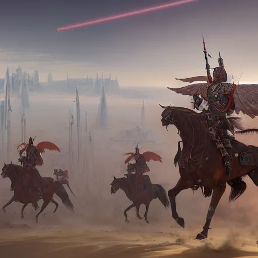 Image similar to an extremely detailed matte painting the polish winged hussars charging the last reminants of the jedi temple, heroic charge, epic fantasy, viewed in profile from very far away, sharp focus, detailed face, art by greg rutkowski and alphonse mucha, volumetric lighting, 4 k resolution, artstation