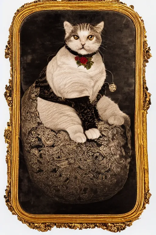 Prompt: a magnificent tintype portrait of a fluffy fat cat on an embroidered velvet cushion on a neo - rococo gilded little bed with precious stones, ball of yarns all around, by david lachapelle, photorealistic, photography, wide shot