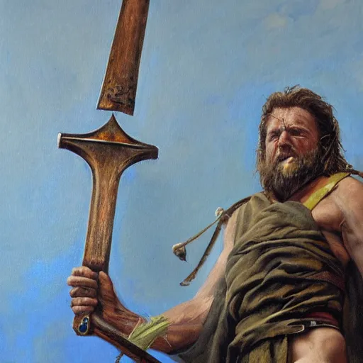 Image similar to Detailed hyper-realistic oil painting of William Wallace holding a Scottish claymore sword with one foot on a rock, 4K