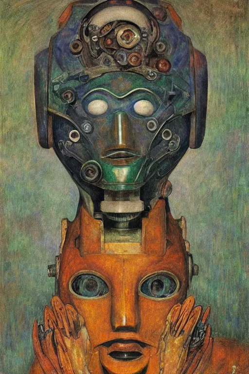 Image similar to the robot in her mechanical mask,by Annie Swynnerton and Diego Rivera, symbolist, dramatic lighting, elaborate geometric ornament, Art Brut, bioluminescent, soft blues and greens,smooth, sharp focus, extremely detailed, Adolf Wölfli