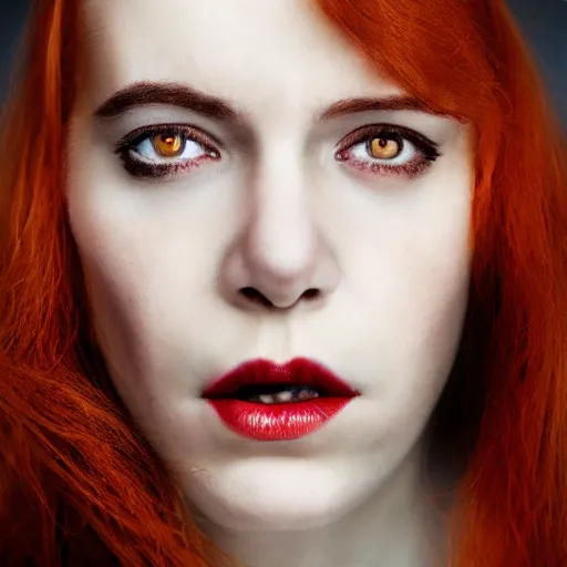 Image similar to a close up portrait of a pale woman vampire with red hair, award winning photography, ultra high detail, hd, 8k, by Martin Schoeller