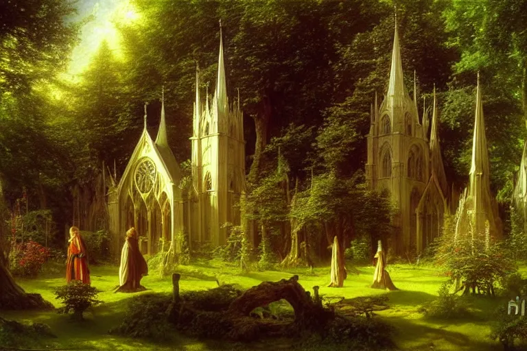 Prompt: a beautiful and highly detailed photo painting of an elven cathedral in a beautiful garden in a mystical forest, by caspar friedrich, albert bierstadt, james gurney, brian froud,