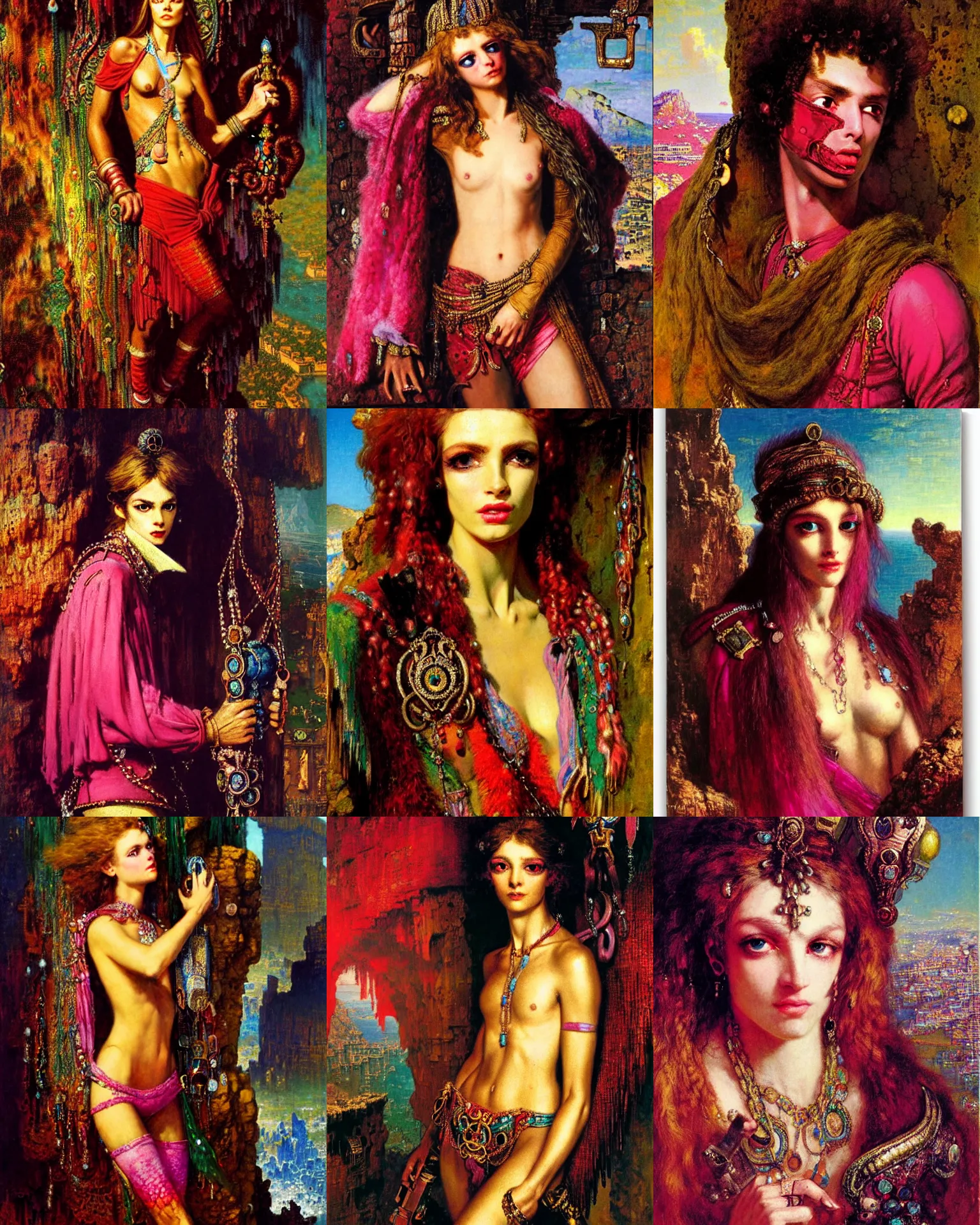 Prompt: a realistic portrait of the brave thief of ancient jewels in cape by Reynold Brown and Paul Lehr and Gustave Moreau, cadet and candy pink colour scheme, perfect faces, dark