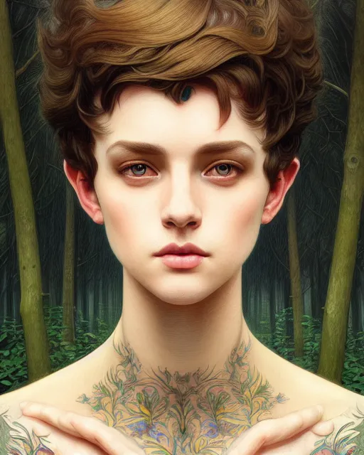 Image similar to symmetry portrait of welsh brunette princess disguised as a young man, tomboy, short hair, forest background, intricate, elegant, highly detailed, digital painting, artstation, concept art, smooth, sharp focus, illustration, art by artgerm and greg rutkowski and fra angelico and alphons mucha