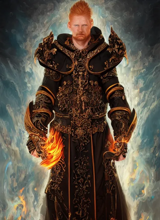 Prompt: high intricate middle aged ginger male priest with white baroque armor and black garment fighting a fire demon, maria panfilova, andrea savchenko, mike kime, ludovic plouffe, qi sheng luo, oliver cook, trending on artstation