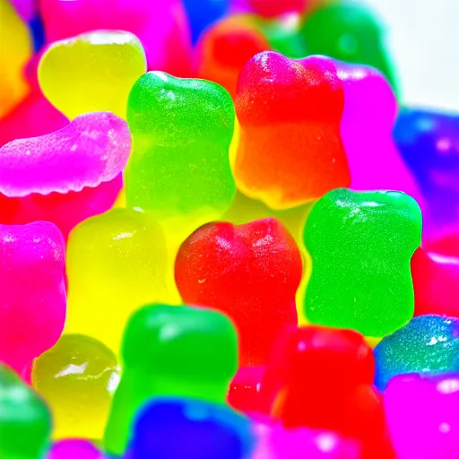 Prompt: macro image of a bowl full of gummy bears, realistic, glistening, slightly sprayed with water.