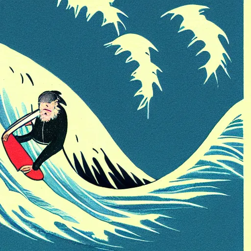 Prompt: detailed illustration, a elderly man surfing in the style of the great wave off kanagawa,