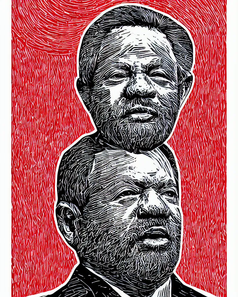 Image similar to a lifelike linocut engraving of a singular president lula. red, black and white color scheme